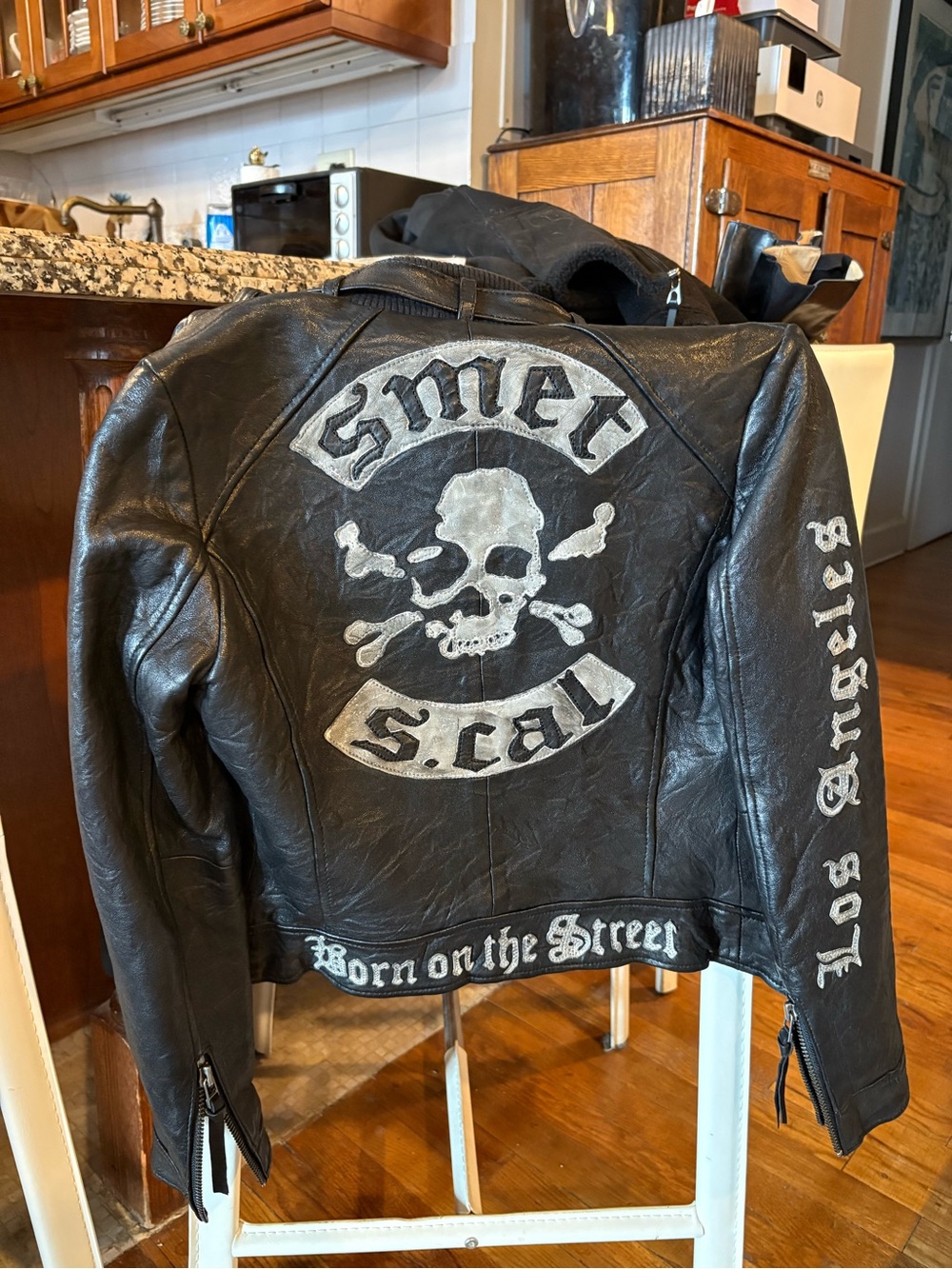 Christian Audigier Black Leather Jacket with Brown and Gold Interior Graphic